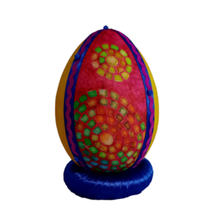 Χειροποίητο Πασχαλινό αυγό από βαμβακερό ύφασμα σε αποχρώσεις του κίτρινου και ροζ. Υψος 14 cm - διακοσμητικά, πασχαλινά αυγά διακοσμητικά, πασχαλινά δώρα, διακοσμητικό πασχαλινό