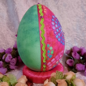 Χειροποίητο Πασχαλινό αυγό από βαμβακερό ύφασμα σε αποχρώσεις του πράσινου και ροζ. Υψος 14 cm - διακοσμητικά, πασχαλινά αυγά διακοσμητικά, πασχαλινά δώρα, διακοσμητικό πασχαλινό - 3