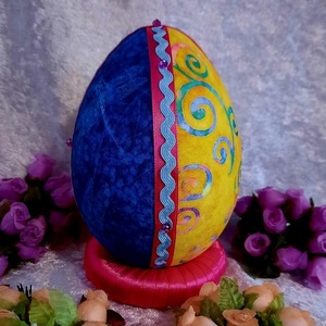 Χειροποίητο Πασχαλινό αυγό από βαμβακερό ύφασμα σε αποχρώσεις του κίτρινου και μπλε . Υψος 14 cm. - διακοσμητικά, πασχαλινά αυγά διακοσμητικά, πασχαλινά δώρα, διακοσμητικό πασχαλινό - 3