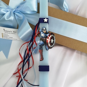 Χειροποίητη αρωματική γαλάζια λαμπάδα με ξύλινη φιγούρα captain America . 32 εκατοστά - αγόρι, λαμπάδες, για παιδιά, για εφήβους, σούπερ ήρωες - 2