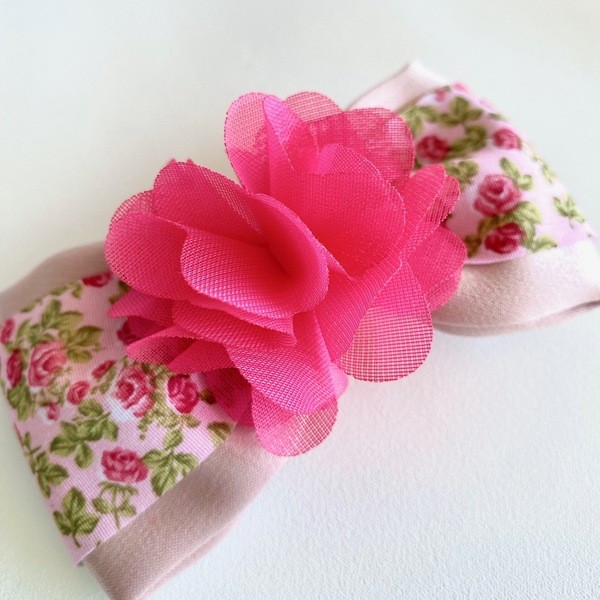 Φιόγκος Flower satin - ροζ σατέν ύφασμα & φούξια σιφόν λουλούδι - ύφασμα, φιόγκος, λουλούδια, hair clips - 3