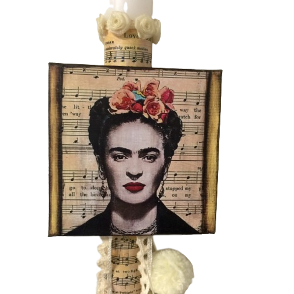 Λαμπάδα λευκή στρογγυλή "Frida sings" καμβάς με μαγνητάκι - κορίτσι, frida kahlo, για ενήλικες, για εφήβους - 2