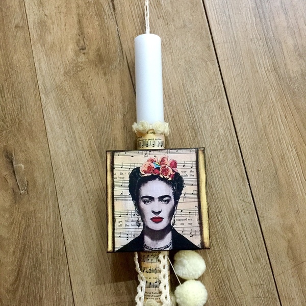 Λαμπάδα λευκή στρογγυλή "Frida sings" καμβάς με μαγνητάκι - κορίτσι, frida kahlo, για ενήλικες, για εφήβους - 4