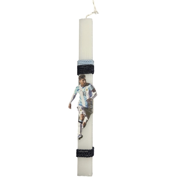 Λαμπάδα αρωματική σε λευκό χρώμα με ξύλινη φιγούρα Messi, 32 εκ. - αγόρι, λαμπάδες, για παιδιά, για ενήλικες, για εφήβους