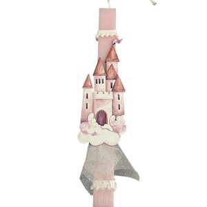 Λαμπάδα αρωματική ροζ με πριγκηπικό κάστρο και τούλι, 32 εκ. - κορίτσι, λαμπάδες, για παιδιά, πριγκίπισσες - 2