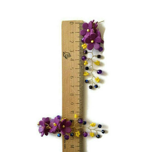 ΣΚΟΥΛΑΡΙΚΙΑ ΚΑΡΦΩΤΑ ΜΕ ΣΥΡΜΑ ΚΑΙ ΧΑΝΤΡΕΣ σε μωβ-κιτρινο χρωμα + λουλουδια απο πολυμερικο πηλο χρωμα - μωβ. ΔΙΑΣΤΑΣΕΙΣ - 7 εκ. - πηλός, χάντρες, μακριά, λουλούδι, καρφωτά - 3