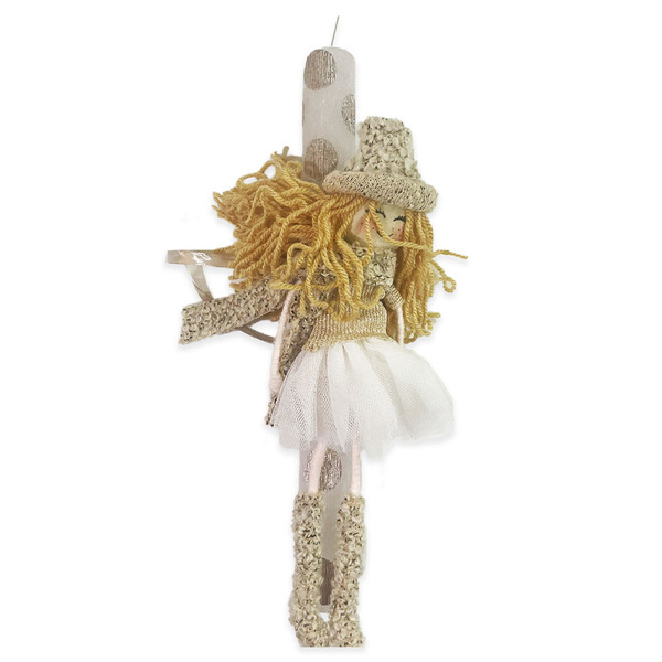 Αρωματική Χειροποίητη Στρογγυλή Λαμπάδα Πουά Λευκό Bronze με Λούτρινη Φθινοπωρινή Κούκλα 30 εκ. - κορίτσι, λαμπάδες, λούτρινα, για παιδιά