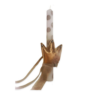 Αρωματική Χειροποίητη Στρογγυλή Λαμπάδα Πουά Λευκό Bronze με Λούτρινη Χρυσή Κορώνα - κορίτσι, κορώνα, λαμπάδες, λούτρινα, για παιδιά