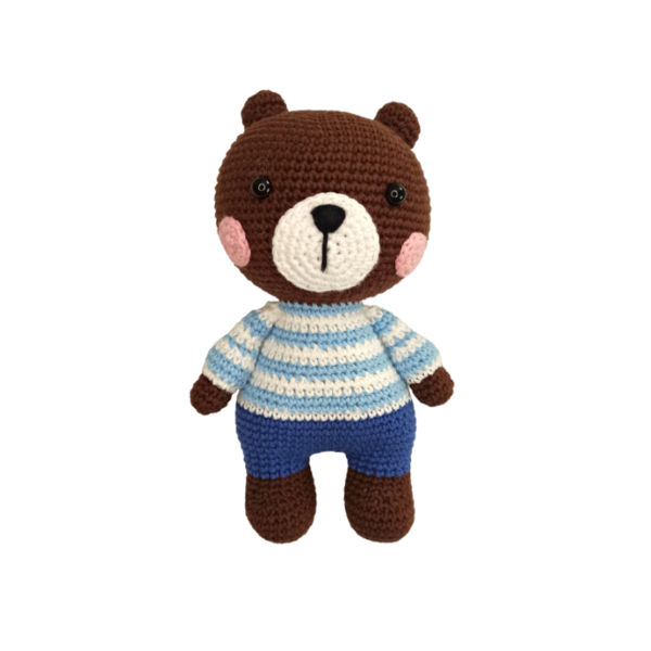 Πλεκτό αρκουδάκι με γαλάζια ριγέ ρούχα - 19εκ - αγόρι, λούτρινα, δώρο γέννησης, ζωάκια, δώρο γεννεθλίων