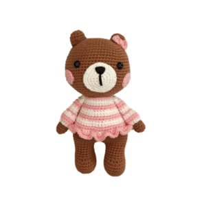 Πλεκτό αρκουδάκι με ροζ ριγέ φόρεμα - 19εκ - κορίτσι, λούτρινα, αρκουδάκι, δώρο γέννησης, ζωάκια