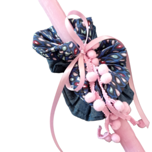 Πασχαλινή λαμπάδα ροζ με 2 scrunchies denim μπλε - κορίτσι, λαμπάδες, για ενήλικες, για εφήβους - 3