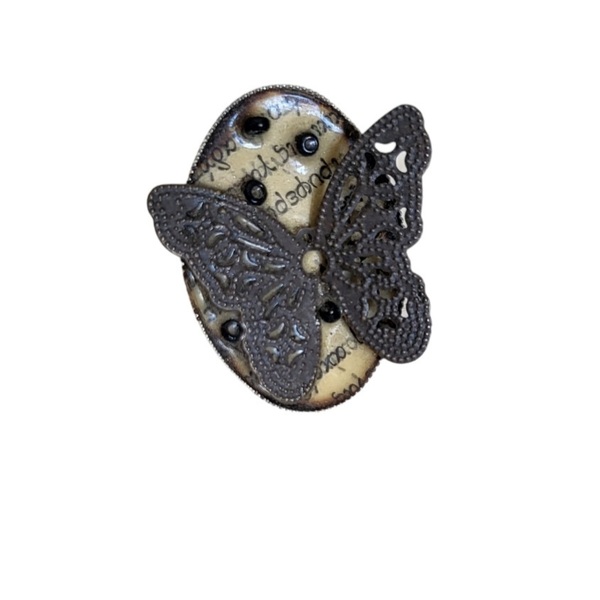 δαχτυλίδι σε vintage θέμα με πεταλούδα - γυαλί, γεωμετρικά σχέδια, μεγάλα, αυξομειούμενα - 2