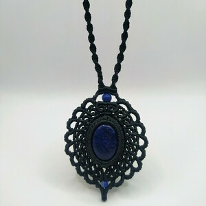 Blue Black Necklace - ημιπολύτιμες πέτρες, μακραμέ, μακριά, boho, μπλε χάντρα - 2