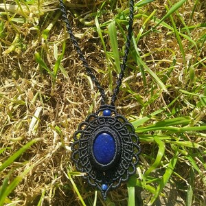 Blue Black Necklace - ημιπολύτιμες πέτρες, μακραμέ, μακριά, boho, μπλε χάντρα - 4
