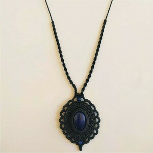 Blue Black Necklace - ημιπολύτιμες πέτρες, μακραμέ, μακριά, boho, μπλε χάντρα - 5