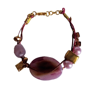 Γυναικείο χειροποίητο βραχιόλι αυξομειούμενο με πέτρες πέρλες και κρυστάλλους σε αποχρώσεις μωβ καφέ και χρυσού - ημιπολύτιμες πέτρες, χειροποίητα, χεριού, αυξομειούμενα