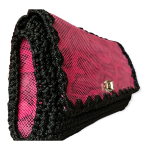 Χειροποίητος πλεκτός δερμάτινος γυναικείος φάκελος ροζ μαύρο -KA263 - δέρμα, animal print, φάκελοι, all day, χειρός - 2