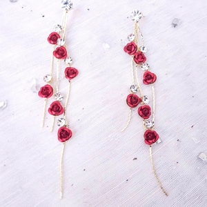 Κρεμαστά σκουλαρίκια με κοκκινα τριανταφυλλάκια - στρας, μακριά, λουλούδι, ατσάλι, κρεμαστά - 5