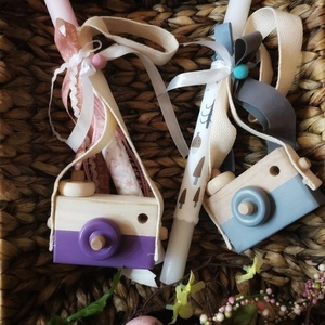 Λαμπάδα με ξύλινη φωτογραφική μηχανή μωβ κορίτσι - λαμπάδες, για παιδιά, για μωρά, παιχνιδολαμπάδες - 4
