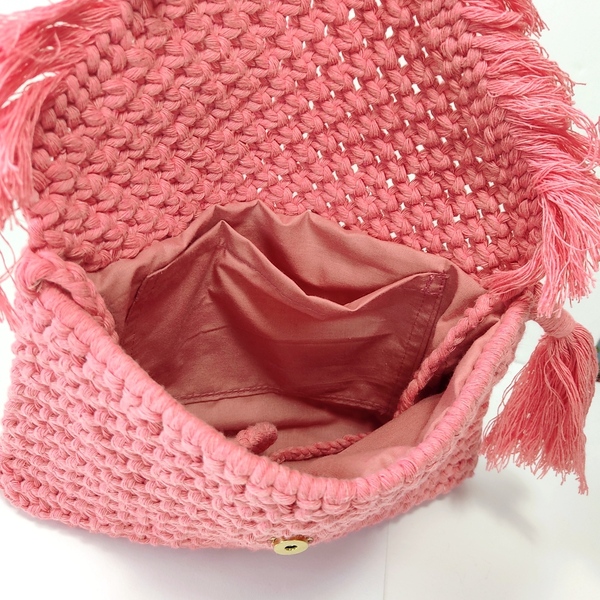 Τσάντα ροζ φάκελος μακραμέ - νήμα, all day, χειρός, πλεκτές τσάντες, μικρές - 4
