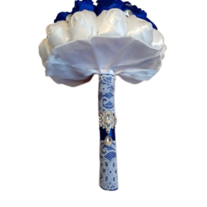 Νυφική υφασμάτινη ανθοδέσμη ¨Ελλάδα¨ 15cm με σατέν λουλούδια και δαντέλα - 3