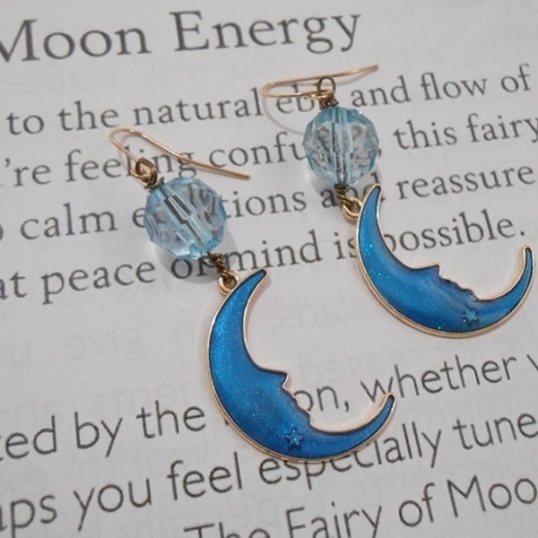 Σκουλαρίκια φεγγάρι με σμάλτο και χάντρες, κρεμαστά Blue Crescent Moon - ημιπολύτιμες πέτρες, σμάλτος, φεγγάρι, γάντζος, δώρα γενεθλίων - 2