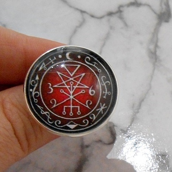 Αυξομειούμενο δαχτυλίδι με γυαλί Adjustable cabochon ring Sigil of Lilith - γυαλί, γεωμετρικά σχέδια, μεγάλα, αυξομειούμενα, δώρα για γυναίκες - 2