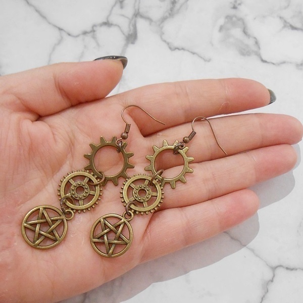 Σκουλαρίκια με γρανάζια και charms Bronze Steampunk Gear Earrings - μπρούντζος, κρεμαστά, γάντζος - 4