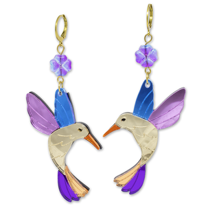 "Oiseau Petit" | Κρεμαστά σκουλαρίκια με ακρυλικό μοτίφ κολιμπρί - μακριά, plexi glass, ατσάλι, κρεμαστά, μεγάλα