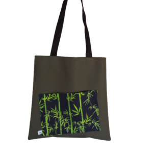 Γυναικεία χειροποίητη τσάντα ώμου / tote bag από ύφασμα με θέμα πράσινο φυτό μπαμπού - ύφασμα, ώμου, all day, tote, πάνινες τσάντες