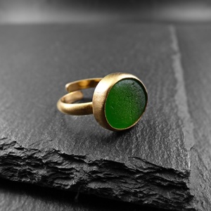 "Green Seaglass ring" - Xειροποίητο επίχρυσο 18κ ματ δαχτυλίδι με φυσικό πράσινο γυαλάκι της θάλασσας! - γυαλί, επιχρυσωμένα, αυξομειούμενα - 5