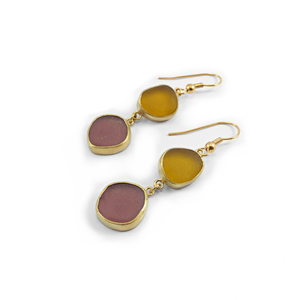 "Multi Colour Seaglass earrings" - Xειροποίητα επίχρυσα 18κ ματ σκουλαρίκια με φυσικά κίτρινα - ροζ γυαλάκια της θάλασσας! - γυαλί, επιχρυσωμένα, αυξομειούμενα