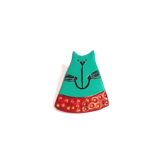 Καρφίτσα γάτα γαλαζοπράσινο&κόκκινο - πηλός - 2