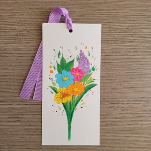 Σελιδοδείκτης ζωγραφισμένος στο χέρι, από χαρτόνι 17,8 * 8,5 cm - μπουκέτο - ζωγραφισμένα στο χέρι, λουλούδια, σελιδοδείκτες - 4