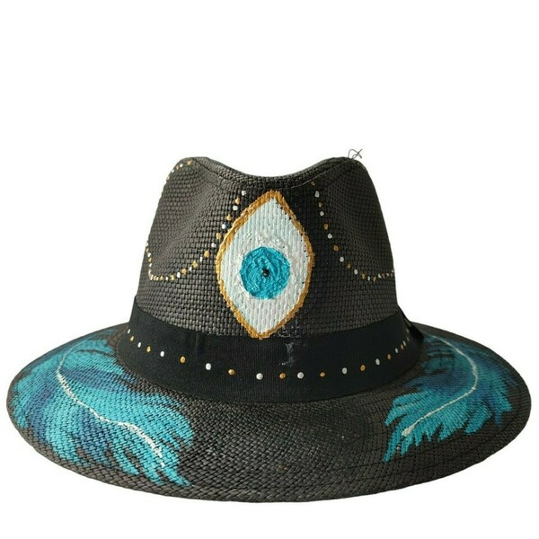 -Blue Feathers -Ψάθινο καπέλο ζωγραφισμένο - ύφασμα, ψάθινα