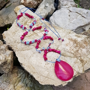 Κολιέ Μακρύ με Τσιπς Φούξια Κοχύλι και Σιέλ Νεφρίτη, αυξομειούμενο κούμπωμα - ημιπολύτιμες πέτρες, κοχύλι, μακριά, boho, ροζάριο - 5