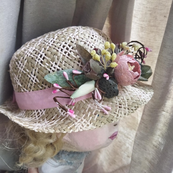 Παιδικό Ψάθινο καπέλο διακοσμημένο , φυσικό με ροζ , περίμετρος 49 και 52 εκ- - κορίτσι, λουλούδια, ψάθινα - 3
