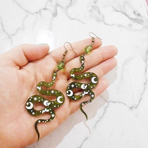 Ακρυλικά σκουλαρίκια φίδι, κρεμαστά Snake earrings - χάντρες, plexi glass, κρεμαστά, γάντζος - 5