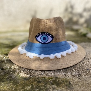 Καπέλο Παναμα - light blue evil eye - pom pom, απαραίτητα καλοκαιρινά αξεσουάρ, ψάθινα - 4