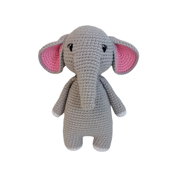 Πλεκτός γκρι ελέφαντας με ροζ αυτιά - 18εκ - λούτρινα, δώρο γέννησης, ζωάκια, πλεκτό ζωακι, δώρο γεννεθλίων