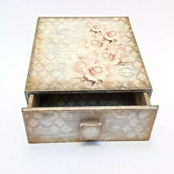 Ξύλινο κουτί- συρτάρι με ροζ τριαντάφυλλα - mdf, κουτί, οργάνωση & αποθήκευση, μαμά