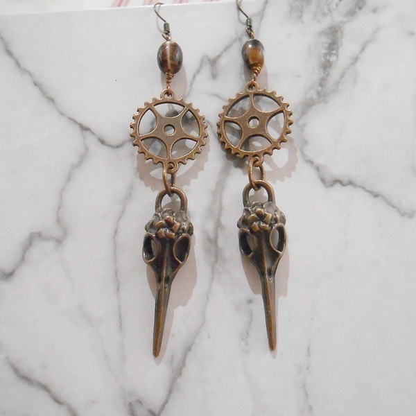 Σκουλαρίκια με γρανάζια, charms και γυάλινες χάντρες Steampunk Raven Skull earrings - μπρούντζος, κρεμαστά, μεγάλα, γάντζος - 3
