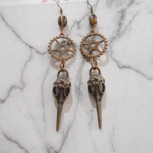 Σκουλαρίκια με γρανάζια, charms και γυάλινες χάντρες Steampunk Raven Skull earrings - μπρούντζος, κρεμαστά, μεγάλα, γάντζος - 3