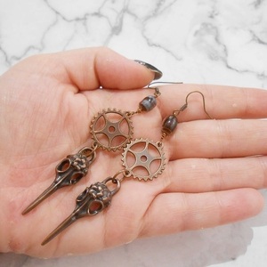 Σκουλαρίκια με γρανάζια, charms και γυάλινες χάντρες Steampunk Raven Skull earrings - μπρούντζος, κρεμαστά, μεγάλα, γάντζος - 4
