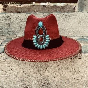 Καπέλο Παναμα - Red boho crystal - ζωγραφισμένα στο χέρι, απαραίτητα καλοκαιρινά αξεσουάρ, ψάθινα - 5
