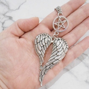 Αντικέ μενταγιόν φτερά και πεντάλφα, Angel Wings Necklace Pentagram - χάντρες, ατσάλι, μεταλλικά στοιχεία, μενταγιόν - 4