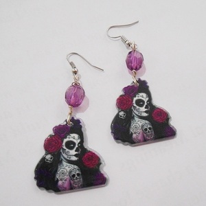 Ακρυλικά σκουλαρίκια Santa Muerte Sugar skull διπλής όψεως, κρεμαστά Sugar Skull Earrings Purple - διπλής όψης, χάντρες, plexi glass, κρεμαστά, γάντζος