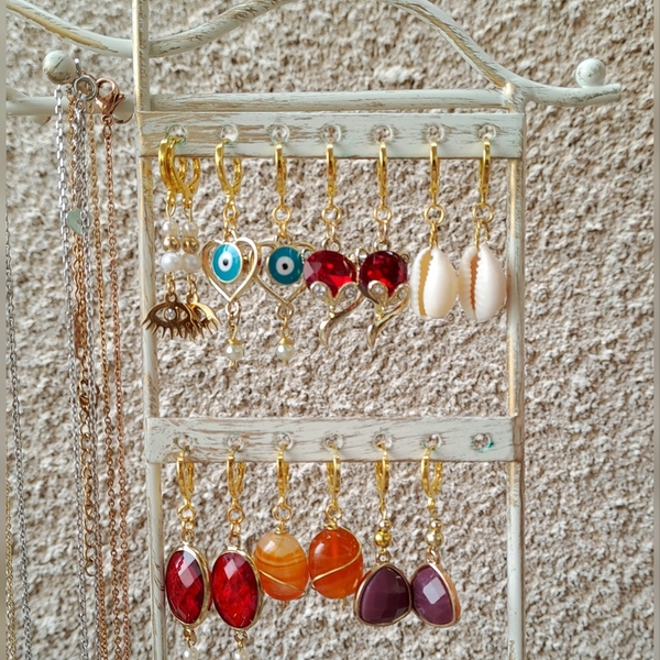 Κρεμαστά σκουλαρίκια ατσάλινα κρικάκια σε χρυσό χρώμα με κόκκινο πετράδι και πέρλα - μικρά, ατσάλι, κρεμαστά, πέρλες - 2