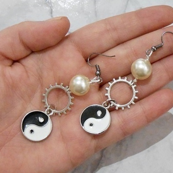 Σκουλαρίκια με γρανάζια, χάντρες και charms Yin Yang Steampunk Gear Earrings - ημιπολύτιμες πέτρες, χάντρες, κρεμαστά, γάντζος - 4