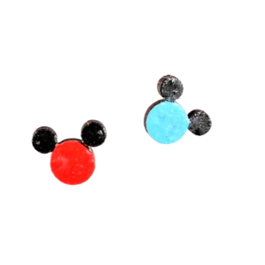 Καρφωτά σκουλαρίκια Ποντικάκια μαύρα με κόκκινο και γαλάζιο - ξύλο, ζωγραφισμένα στο χέρι, καρφωτά, μικρά - 5